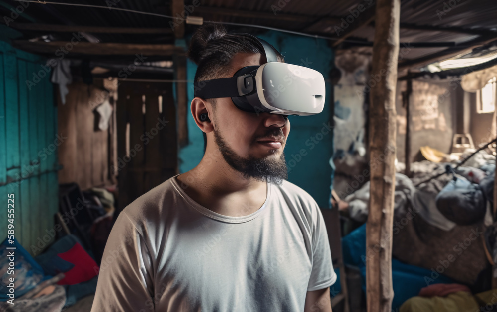 Happy man in virtual reality glasses in the slums and mess, escape from reality, virtual life concept. Generative AI
