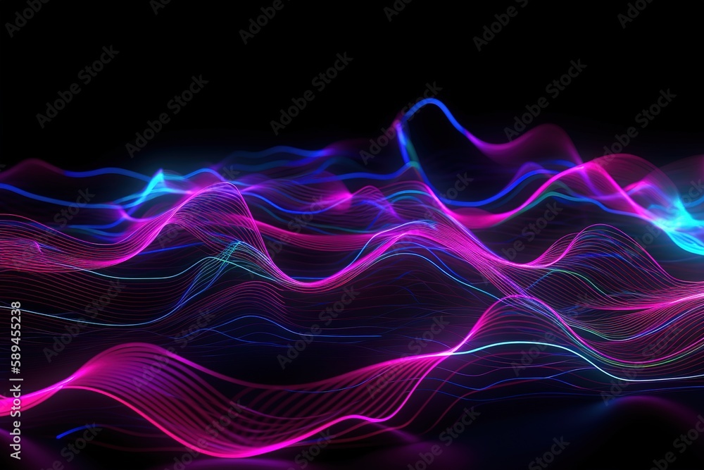 3d render, abstract pink blue neon background with wavy line glowing in ultraviolet spectrum, Generative AI