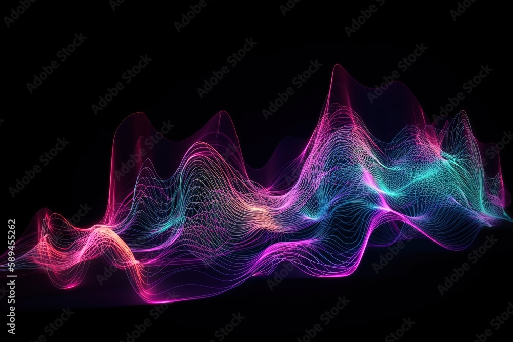 Obraz premium 3d render, abstract pink blue neon background with wavy line glowing in ultraviolet spectrum, Generative AI