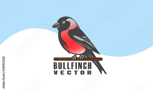 Vector winter bird bullfinch sits on a perch. White blue background. Logo, sticker or icon.