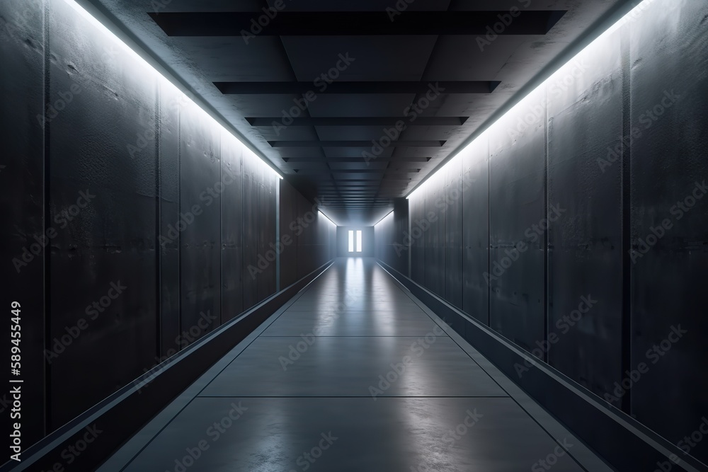 3d render, abstract urban background, illuminated empty corridor, interior, concrete walls, glowing light, daylight tunnel, no exit, Generative AI