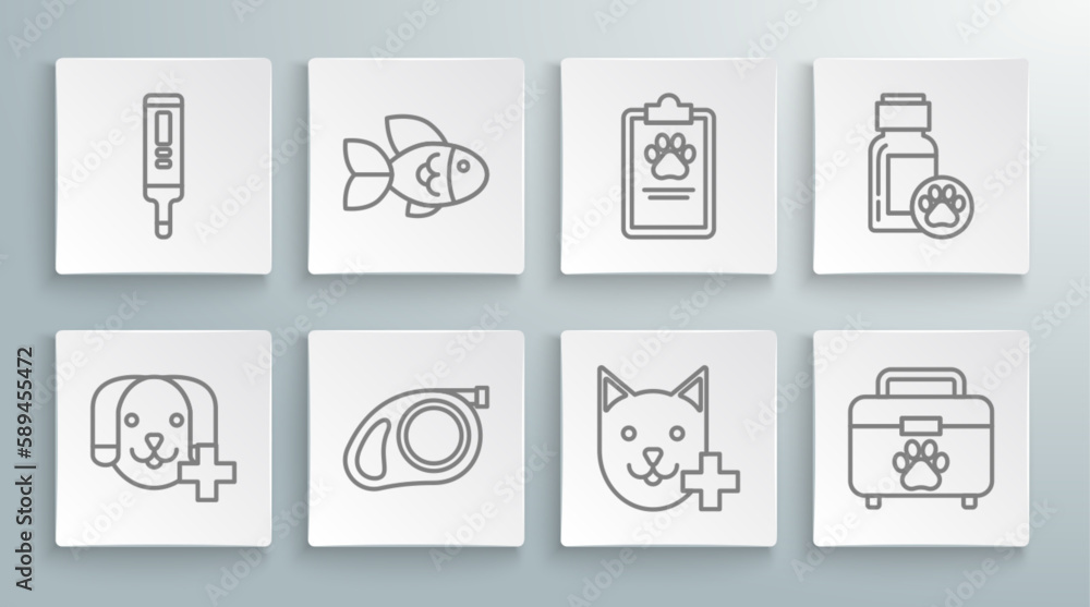 Set line Veterinary clinic symbol, Retractable cord leash with carabiner, Pet first aid kit, Clipboard medical clinical record pet, Dog medicine bottle and Medical digital thermometer icon. Vector Set line Veterinary clinic symbol, Retractable cord leash with carabiner, Pet first aid kit, Clipboard medical clinical record pet, Dog medicine bottle and Medical digital thermometer icon. Vector