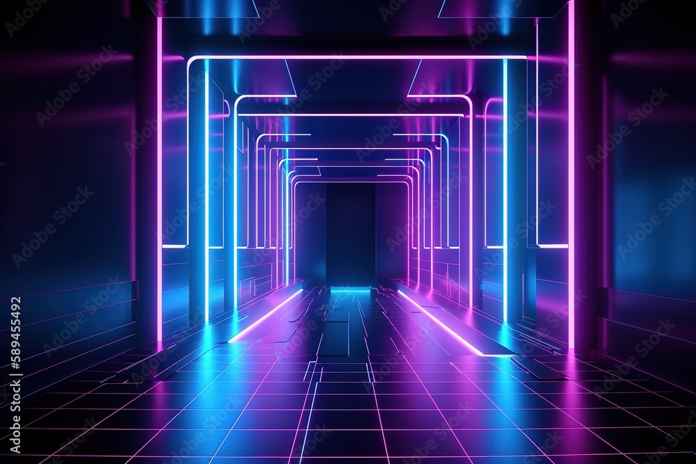 3d render, blue pink violet neon abstract background, ultraviolet light, night club empty room interior, tunnel or corridor, glowing panels, Generative AI
