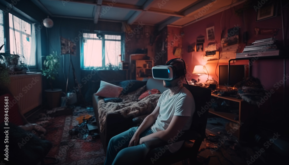Happy man in virtual reality glasses in a mess in a room at home, escape from reality, virtual life concept, in neon light. Generative AI