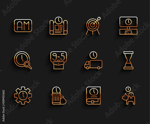Set line Time Management, Waste of time, Morning, for book, Piggy bank with coin, From 9, Old hourglass sand and Delivery icon. Vector