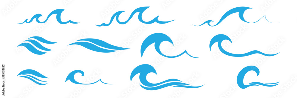 Fototapeta premium Sea waves. Waves. Set. Vector illustration on a white background.