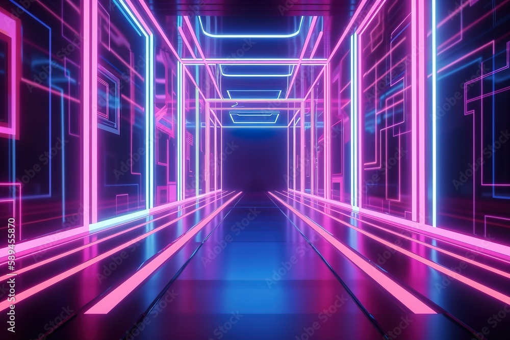 Fototapeta premium 3d render, pink violet blue neon abstract background, ultraviolet light, night club empty room interior, tunnel or corridor, glowing panels, fashion podium,Generative AI