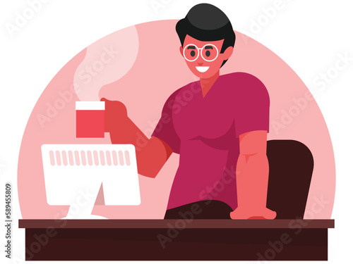 Coffee break at work. A man drinks coffee at his workplace. Programmer works. Vector graphics
