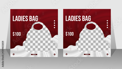 Exclusive ladies bag social media post design template . Red and white color background flat design for website 
