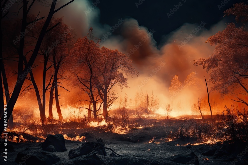The forest is ablaze as trees burn and smoke billows into the sky. The ...