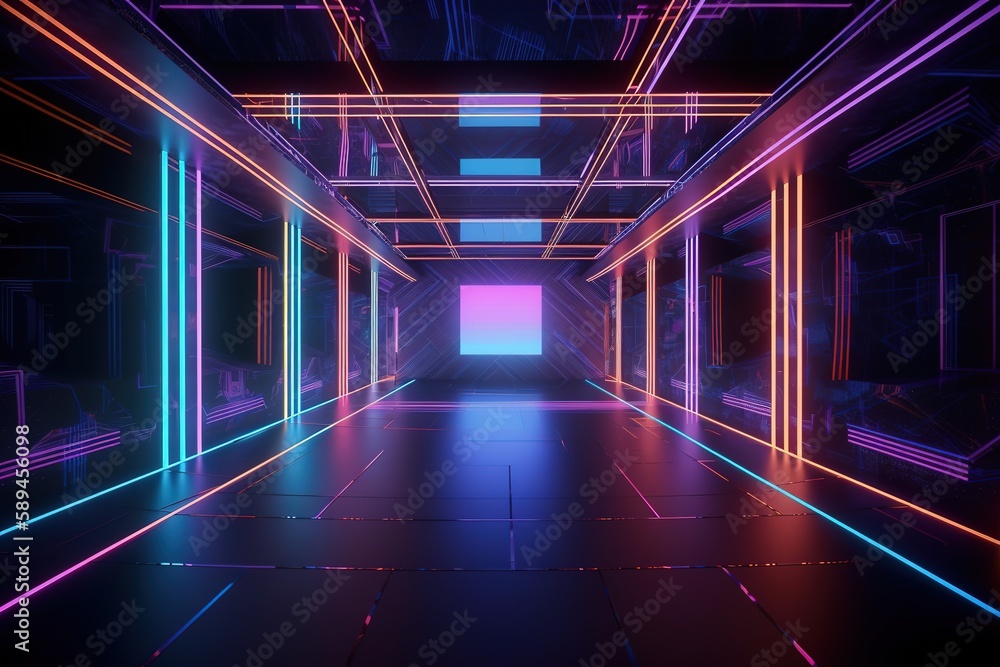 3d render, virtual reality environment, neon light, square portal, tunnel, ultraviolet spectrum, abstract background, laser show, fashion podium, path, way, stage, floor reflection, Generative AI