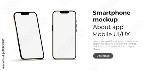 Realistic smartphone mockup on isolated background. Photorealistic smartphone for ui ux presentation. Mobile app user interface mockup with download button. Vector EPS 10