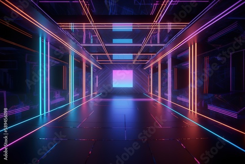 3d render, virtual reality environment, neon light, square portal, tunnel, ultraviolet spectrum, abstract background, laser show, fashion podium, path, way, stage, floor reflection, Generative AI