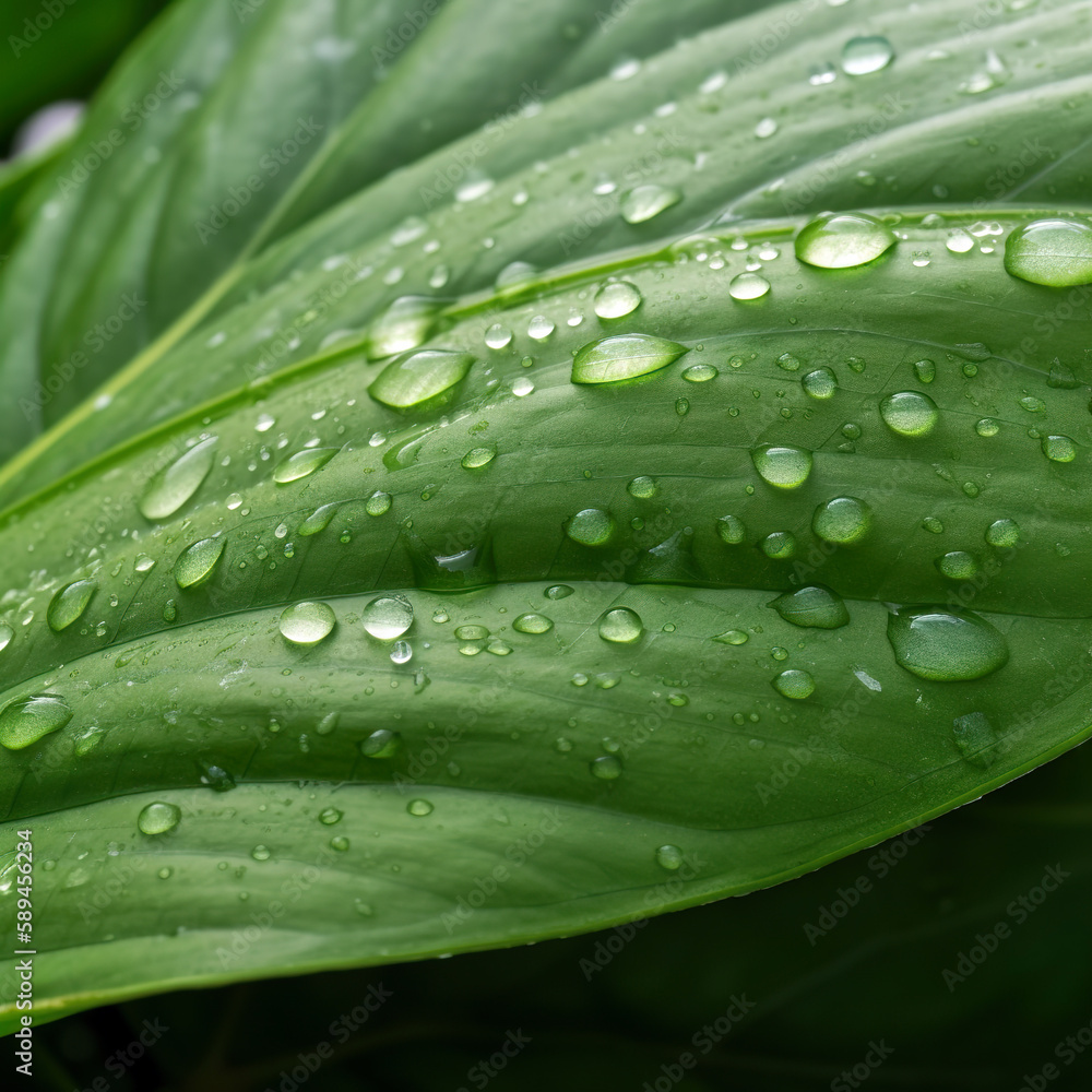 Green leaf with drops of water Green leaf with drops of water