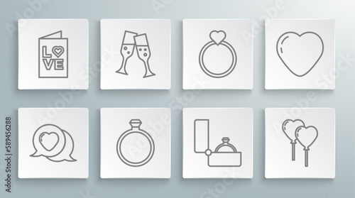 Set line Heart in speech bubble, Glass of champagne, Diamond engagement ring, Balloons form heart, Wedding rings, and Valentines day party flyer icon. Vector
