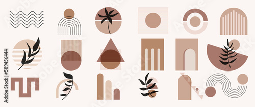 Abstract minimal element mid century vector set. Aesthetic contemporary stripe line art, watercolor geometric shapes in earth tone. Art form design for wall art, decoration, wallpaper.