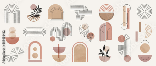 Abstract minimal element mid century vector set. Aesthetic contemporary stripe line art, watercolor geometric shapes in earth tone. Art form design for wall art, decoration, wallpaper.