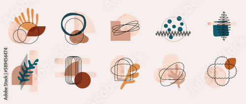 Abstract minimal element mid century vector set. Aesthetic contemporary stripe line art, watercolor geometric shapes in earth tone. Art form design for wall art, decoration, wallpaper.