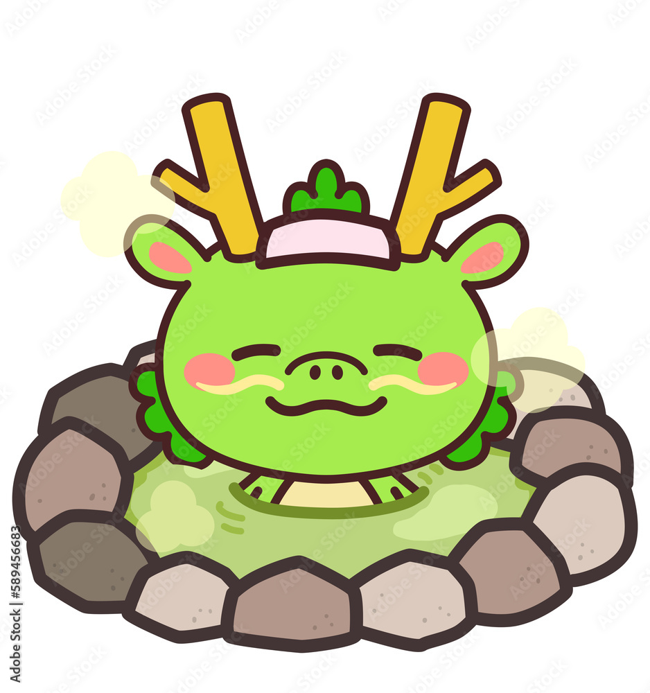 温泉に入る辰のかわいいキャラクター　イラスト素材