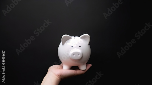 Financial, Money saving concept. Hand holding new white piggy bank with dark copy space wall