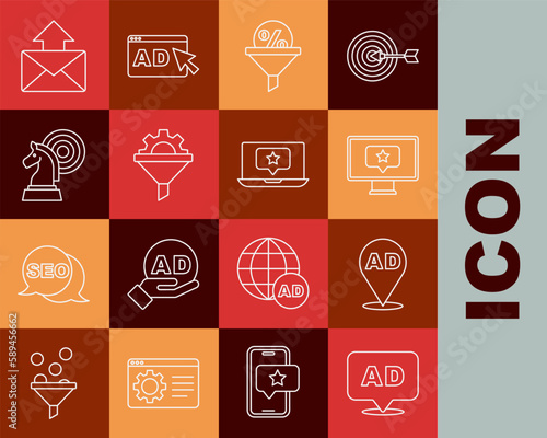 Set line Advertising, Monitor with star, Lead management, Sales funnel gear, Chess, Mail and e-mail and Laptop icon. Vector