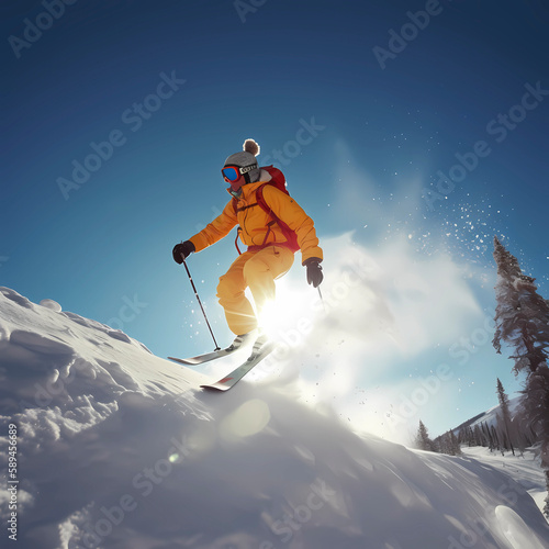 Skier skis fast down a slope on heavily snowy slope, blue sky and sunshine