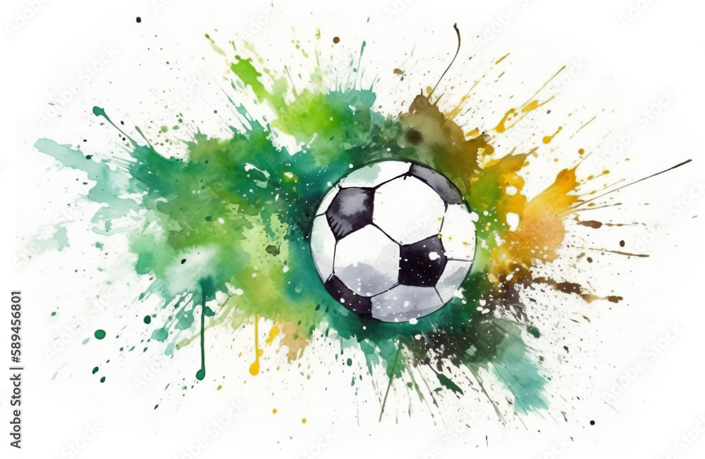 Fototapeta premium Watercolor design of a soccer ball on green splash - Generative AI
