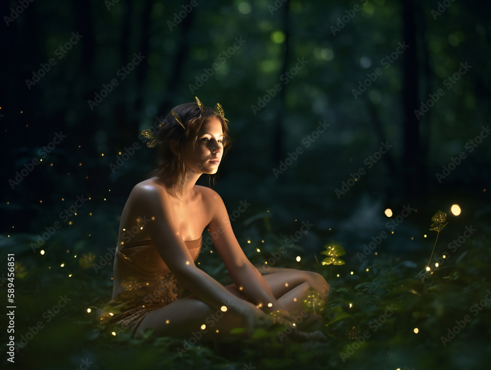 Fototapeta premium Nymph's Firefly Dance in Moonlit Forest, Enchanting Bronze Sculpture, Generative AI