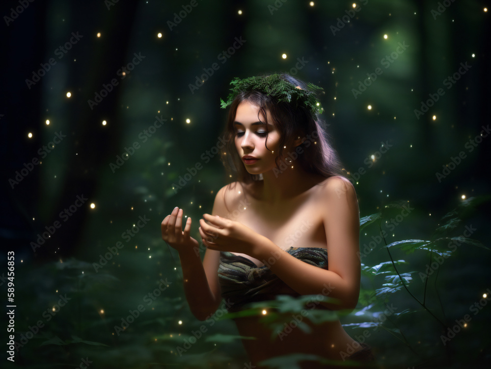 Nymph in Bioluminescent Forest, Surreal Glowing Trees and Fireflies, Generative AI Nymph in Bioluminescent Forest, Surreal Glowing Trees and Fireflies, Generative AI