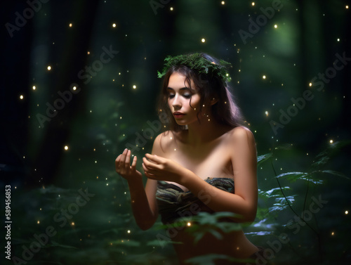 Nymph in Bioluminescent Forest, Surreal Glowing Trees and Fireflies, Generative AI