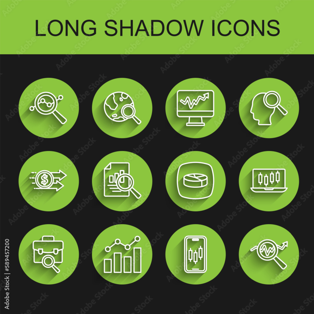 Set line Work search, Financial growth, Search data analysis, Mobile stock trading, Document with graph chart, Stocks market graphs and Pie infographic icon. Vector Set line Work search, Financial growth, Search data analysis, Mobile stock trading, Document with graph chart, Stocks market graphs and Pie infographic icon. Vector