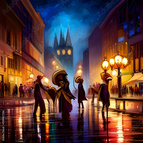 Night streets filled with Carnival crowds. Concept of Masquerade, Mardi Gras celebrations. Urban Carnival night background. Digital illustration. CG Artwork Background