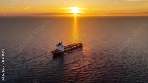 Aerial image of huge fuel tanker ship in the sea on sunset. Generative AI © AngrySun