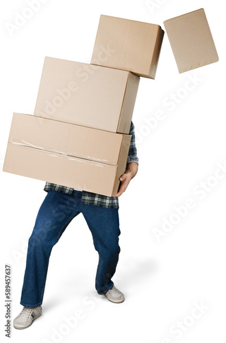 Bild auf Leinwand Delivery man carrying stacked boxes in front of face against white background