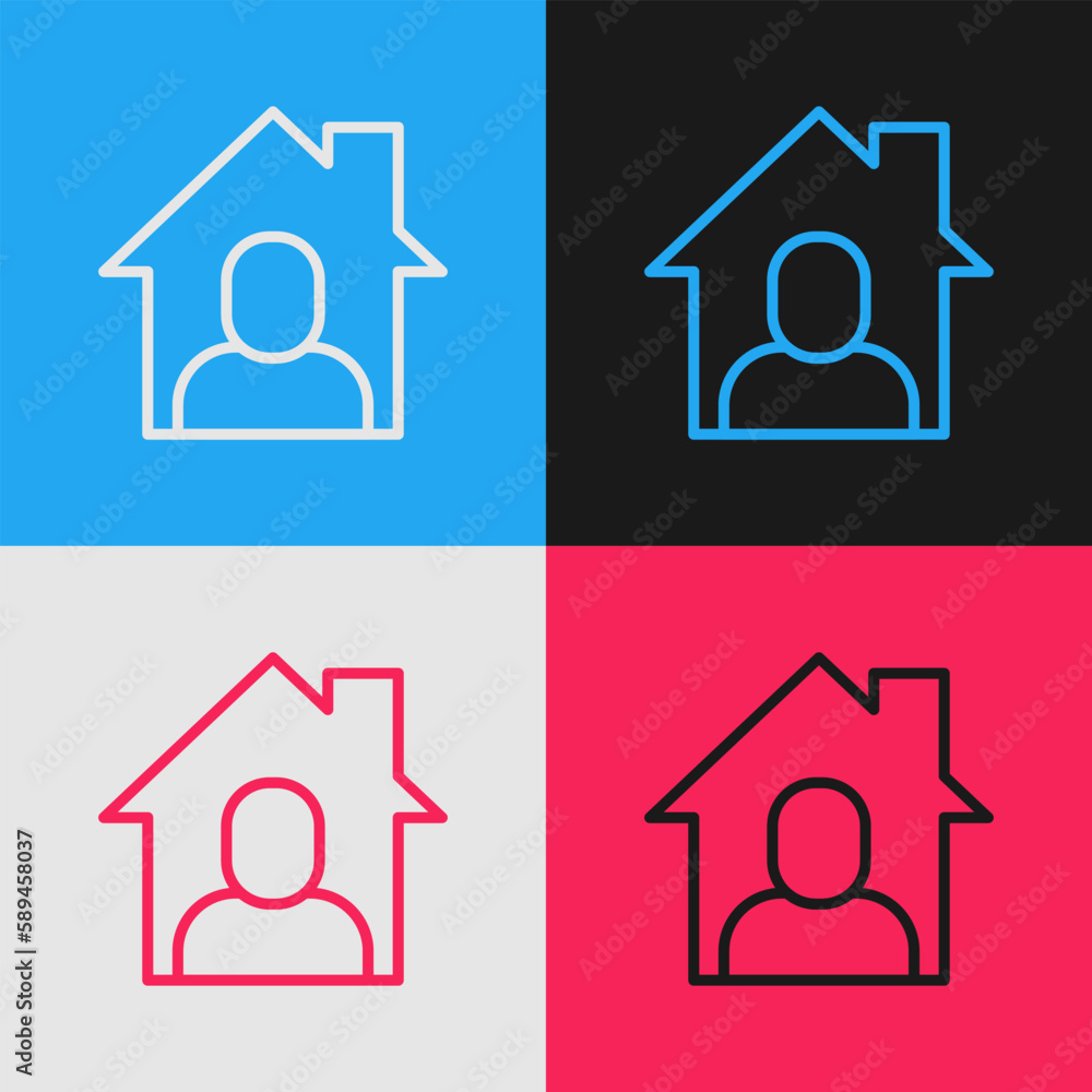Pop art line Online working icon isolated on color background. Freelancer man working on laptop at his house. Remote work. Distant job concept. Vector Pop art line Online working icon isolated on color background. Freelancer man working on laptop at his house. Remote work. Distant job concept. Vector