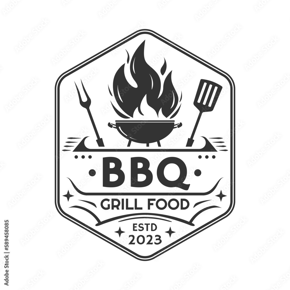 BBQ logo or icon. Grill food label with fire flame. Barbecue restaurant emblem. Barbeque badge vintage design. Vector illustration. BBQ logo or icon. Grill food label with fire flame. Barbecue restaurant emblem. Barbeque badge vintage design. Vector illustration.