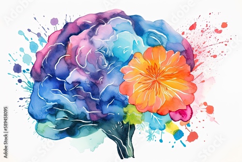 Fototapeta Naklejka Na Ścianę i Meble -  watercolor , flowers as human brain , new ideas and creative thinking  Generative AI