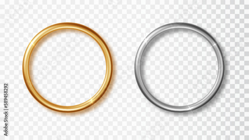 Gold and silver round chrome frame on transparent background isolated. 3d realistic circle border with glow shine and light effect.