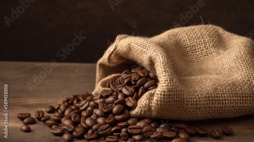 Roasted Coffee Beans in Burlap Bag background. Generative AI