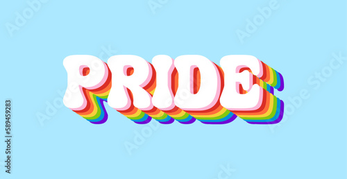 PRIDE Rainbow Lettering in Retro Style. Rainbow Pride Text Isolated on Light Blue Banner Background. Typography Design Element for Pride Month celebration 