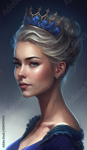 half body illustration and side view of a beautiful woman with silver hair, wearing a blue crown and blue dress