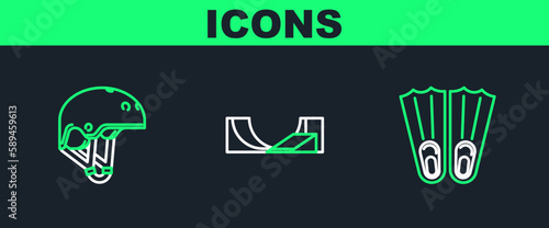 Set line Rubber flippers for swimming, Helmet and Skate park icon. Vector