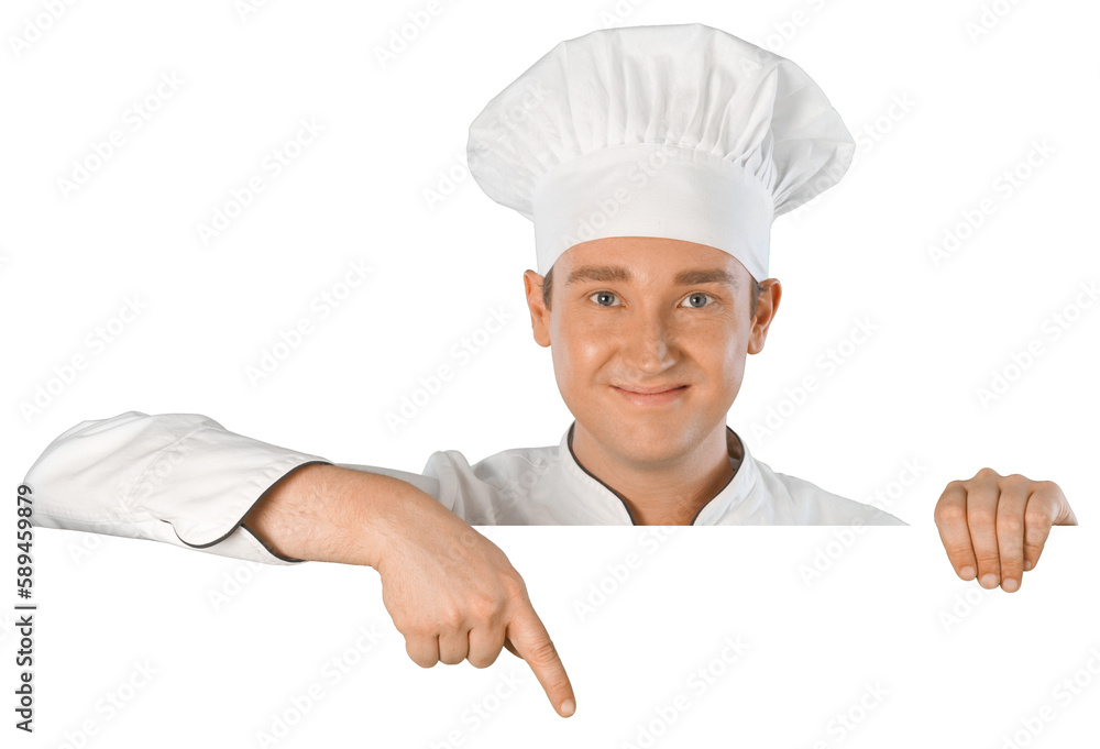 Chef showing sign billboard in uniform isolated on white background Chef showing sign billboard in uniform isolated on white background