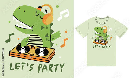 Cute dinosaur playing dj music illustration with tshirt design premium vector
