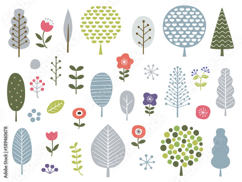 Collection d'éléments végétaux et floraux. Ensemble de dessins animés botaniques de griffonnages. Illustration enfantine. Illustration enfantine primitive dessinée à la main dans un style scandinave .