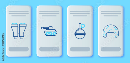 Set line Military tank, Hand grenade, Binoculars and helmet icon. Vector