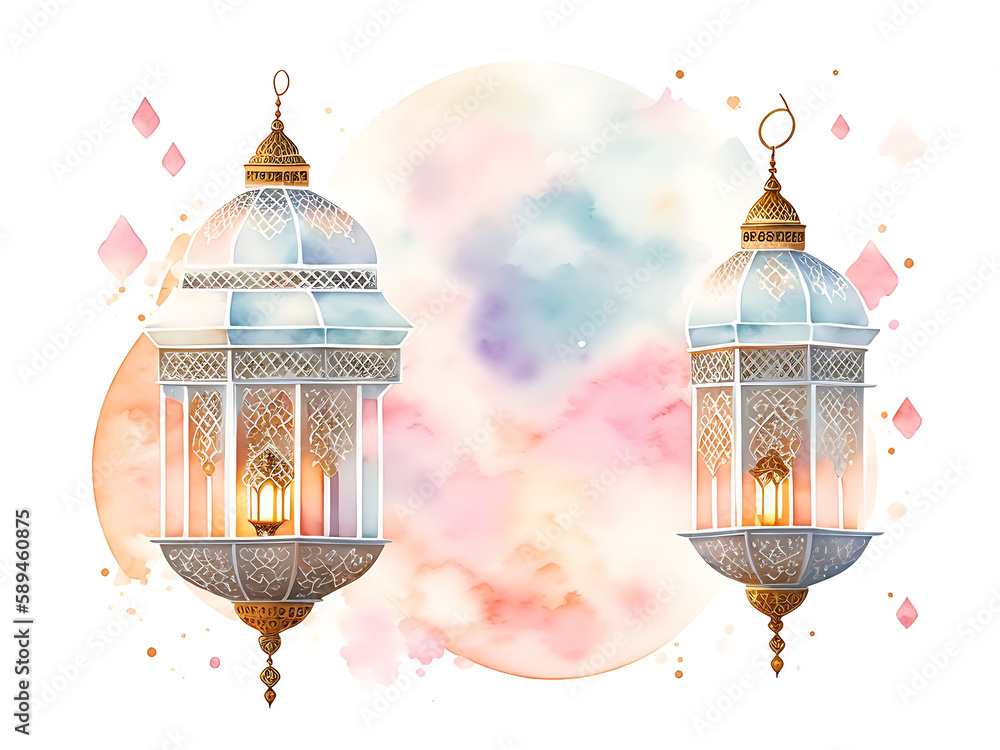 Obraz premium Charming Arabian Lantern pastel watercolor illustration with copy space. Suitable for Islamic events Eid Al Fitr, Eid Al Adha, Ramadan, Islamic New Year, Mawlid, Isra Miraj. Generative AI