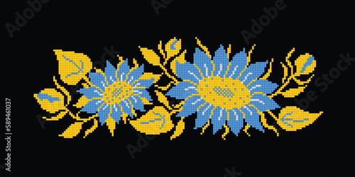 Realistic Cross-Stitch Embroideried Composition with Sunflowers. Ethnic Floral, Handmade Stylization. Traditional Ukrainian Yellow and Blue Embroidery. Ethnic Design Element. Vector 3d Illustration