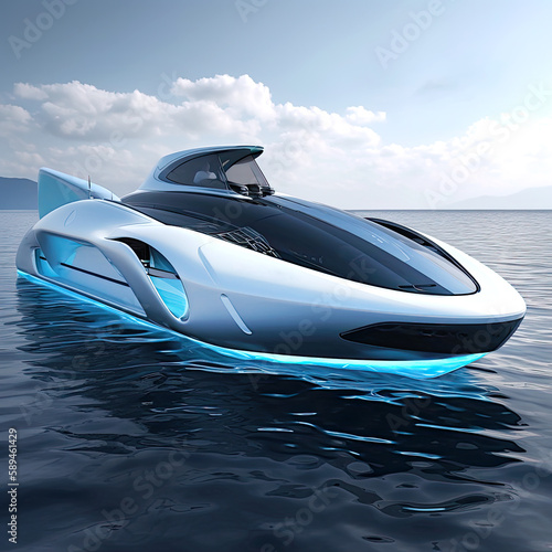 A futuristic ship sailing through the sea. AI generative. © chandlervid85