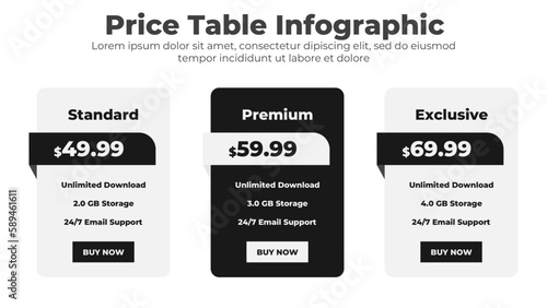 Modern pricing table layout with subscription plans and infographic design template for website or presentation